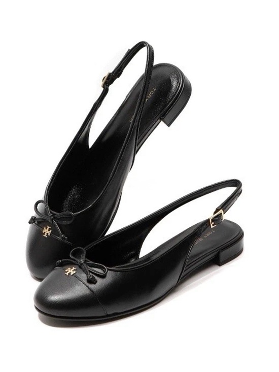 tory bu Shoes - TORY BURCH Black Leather Cap Toe Slingback Ballet Flats 8.5